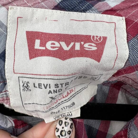 Vintage Levi's Red Blue White Plaid Striped Casual Pearl Snap Western Men's XXL - Picture 7 of 12